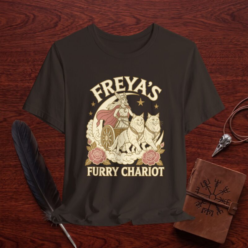 Freya’s Furry Chariot T-Shirt – Norse Goddess Cat Graphic Tee