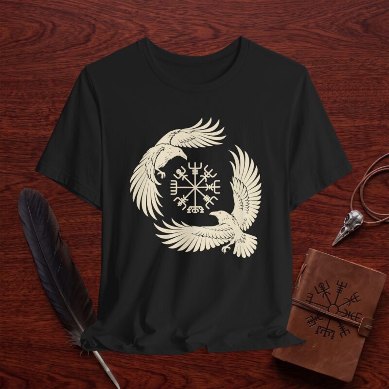 Vegvísir Raven T-Shirt – Icelandic Wayfinder Folk Magic Graphic Tee
