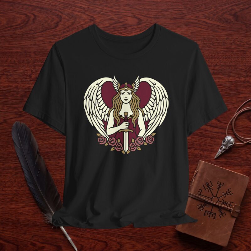 Crimson Rose Valkyrie T-Shirt – Winged Sword Goddess Graphic Tee