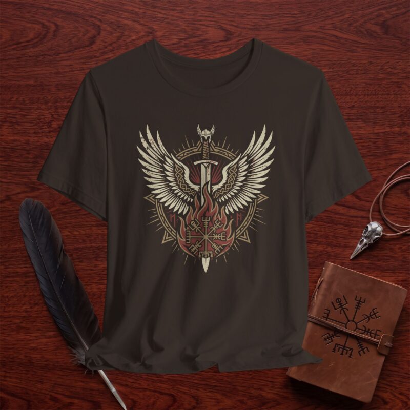 Winged Vegvísir Sword T-Shirt – Norse Inspired Fire Warrior Graphic Tee