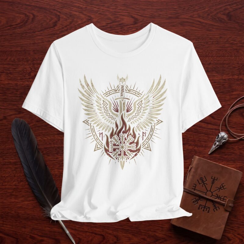 Winged Vegvísir Sword T-Shirt – Norse Inspired Fire Warrior Graphic Tee